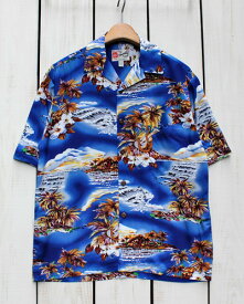 Hilo Hattie Mens Aloha Shirt / rayon Blue Hawaii Blue / Made in Hawaii ヒロハッティ メンズ アロハ シャツ 半袖 レーヨン ブルー 島柄 ハワイ製 / リゾート バカンス