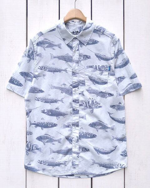 Kavu   Topspot / Big Blue Fish   print ss shirts cotton   カブー   トップスポット 半袖 シャツ   総柄 プリント 裏使い 魚拓風   魚 フィッシュ / 隠しポケット   オーガニックコットン   アイスブルー   kavu classic outdoor