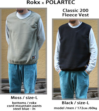 Rokx × Polartec Classic 200 Fleece Vest v neck / Black ロックス x ポーラーテック クラシック  200 フリース ベスト Vネック レトロ アウトドア 軽量 保温 肩ポケット ブラック 黒 rokx | Beard Store