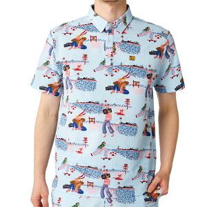 ニットサッカー 柄半袖シャツ ラウドマウス メンズ ゴルフウェア ロゴ 吸汗速乾 UVカット ストレッチ リゾート おしゃれ 男性