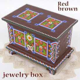 ポーランド　フォークアート 木の小箱　木製　小物入れ　宝石箱 レッドブラウンハンドメイド彩色 東欧雑貨　ジュエリーボックス