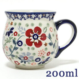 ポーランド陶器・食器 マグカップS 0.2L 赤い花とバラエティ柄 星入り マニュファクトゥラ社　K67-EO34　ポーリッシュポタリー　ポーランド食器