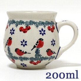 ポーランド陶器・食器　マグカップS 0.2L 赤い実と赤い鳥 K67-GILE マニュファクトゥラ社 ポーリッシュポタリー　ポーランド食器 あす楽