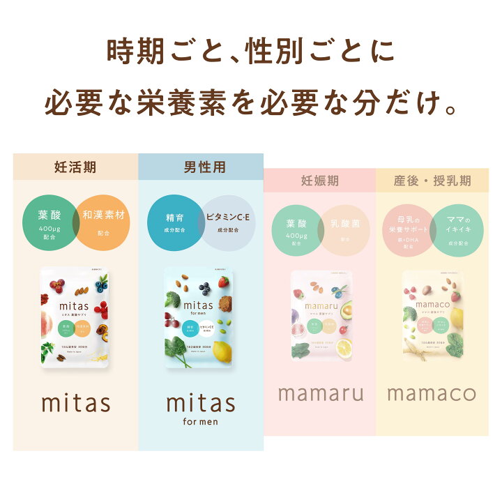 楽天市場】葉酸サプリ 妊活サプリ mitas夫婦妊活 男性妊活 時期別 女性 