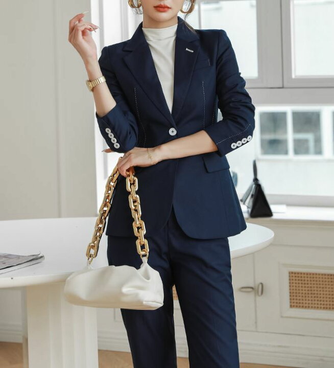 楽天市場 ネイビーテーラード調パンツスーツ レディース 長袖 テーラード ジャケット スーツ パンツタイプ 長ズボン スラックス ネイビー紺色 上品 大人 シンプル オフィス 仕事 通勤 式典 ｂｅａｕｔｙ ｆｉｒｓｔ