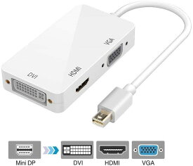 3in1 Mini Displayport to HDMI DVI VGA ケーブル 音声出力 Apple/Surface pro用 Mini DisplayPort/Thunderbolt to HDMI/DVI/VGA 変換アダプタ オス−メス Mac Book Air/Mac Book Pro/iMac/Mac mini/Surface pro 1 2 3対応 -ホワイト