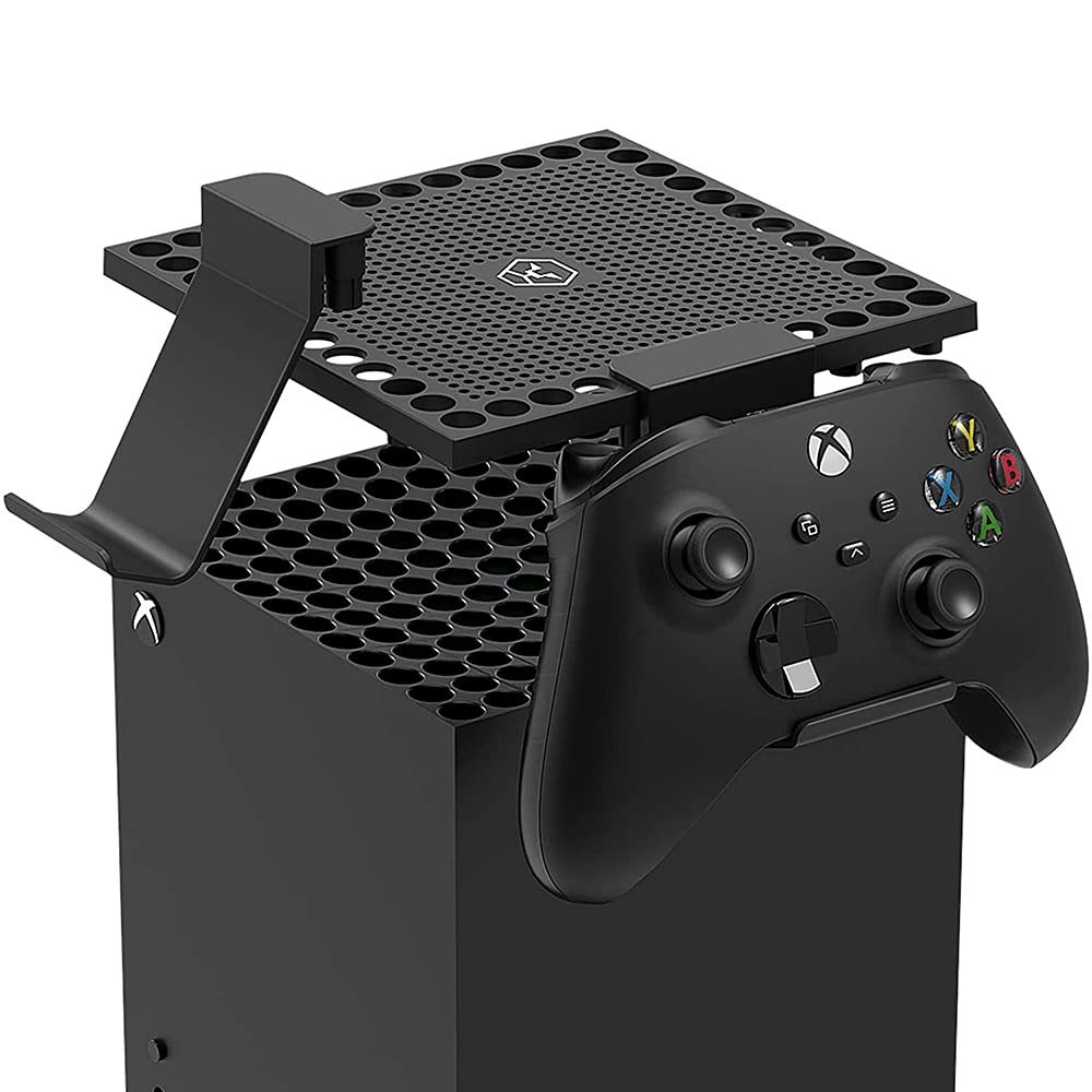 Xbox Series X用放熱防塵カバー 新しいスタイル コントローラーホルダー ヘッドセットホルダー コントローラースタンド ヘッドセットハンガーフック 収納 異物侵入防止 汚れ防止 丈夫 XboxシリーズX専用アクセサリー 取り付け簡単 人気激安