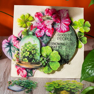 即日出荷 観葉植物 四つ葉 耐水 クリアシール 大きめ コラージュ素材 シール 縁起 良い 観葉 植物柄 多肉植物 観賞植物 鉢植え イラスト シール 30枚 コラージュ 素材 PETシール 緑 グリーン ダ