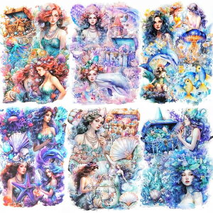 即日出荷 180枚 お買い得セット 大きめ クリアシール 人魚姫 海 妖精 城 海馬 海洋生物 鯨 くらげ クラゲ 神秘 真珠 パール 宝箱 イラスト シール コラージュ素材 PET 透明 耐水 外国 女性 人物