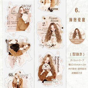 即日出荷 型抜き ダイカットテープ マットな質感 人物シール 女の子 女子 ワンちゃん 英語 レース 幅広60mm コラージュ素材 おしゃれ PET クリアテープ ワイドタイプ クリアマスキングテープ