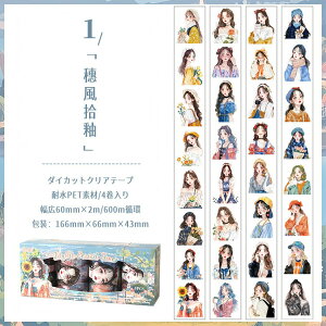 即日出荷 型抜き 特油 凹凸立体感 手描き風 人物 女の子 女子 女性 幅広60mm 柄違い4ロール入 PET 耐水 マスキングテープ コラージュ素材 買い得セット おしゃれ 箱入り ダイカット テープ ガー