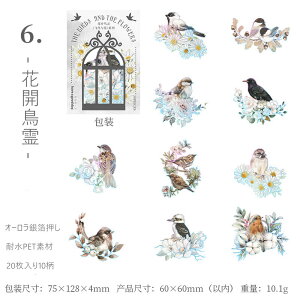 即日出荷 オーロラ箔押し 海外シール 銀箔押し 鳥 小鳥 鳥類 雀 インコ 熱帯鳥 花柄 木 枝 海外ステッカー 20枚 コラージュ 素材 クリアシール 20枚 透明シール スクラップブッキング PET 耐水