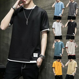 期間限定200円クーポン！Tシャツ メンズ 半袖 夏服 無地 大きいサイズ 重ね着風 レイヤード 薄手 軽い 柔らかい 丸首 シルエット おしゃれ ファッション トップス 春 秋 カジュアル 着回し ゆったり コーデ 男性用 ストリート 韓国風 快適 吸汗 通気性 デイリー