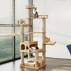 最大2050円 &P5倍！ 【天然木製】プレミアムキャットタワー 大型猫専用 多機能一体型 透明ドーム&猫ハウス付き 省スペース設計 安心保証