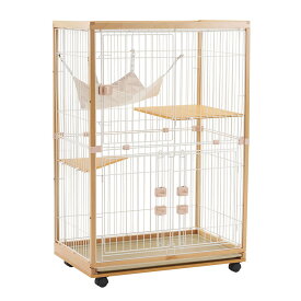 猫 ケージ キャットケージ 2段 木製フレーム ハンモック付 広々 大型 猫ゲージ 高級感 おしゃれ キャットハウス ネコ ハウス 多段 留守番 脱走防止 多頭飼い 多頭 スチール ペットケージ ナチュラル