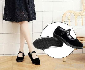 新生活 秋冬パンプス ぺたんこ ラウンドトゥ メリージェーン フラット シューズ カンフーシューズ チャイナシューズ 歩きやすい レディース 靴 ベルベット ベロア ブラック5