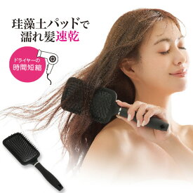 クイックドライヘアブラシ　ドライヤーの熱によるダメージを軽減　頭皮を傷めない柔らかクッション材　髪を優しくとかすワイドヘッド　「すぐ乾く！」しくみ 珪藻土パッド　