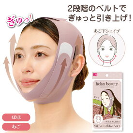 平安美人も納得！ぎゅっと二重あごベルト　日本小顔美人　あご下シェイプ すっきり引締め　ほほ あご　2段階に引き上げ あごまわりVライン　フェイスラインにピッタリフィット　無縫製仕様 すきま時間や就寝時間に 【メール便☆送料無料】