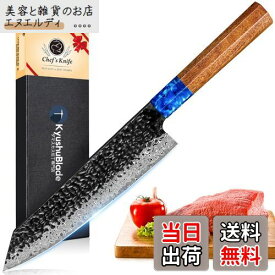 KyushuBlade 包丁 剣型（切付型）牛刀包丁 ダマスカス包丁 刃渡り210mm. プロ用三徳包丁, キッチン用万能包丁. 手打ち鍛造シェフナイフ, 槌目 ダマスカス模様 両刃包丁 左利き用, 錆びにくい67層の高炭素ステンレス鋼 料理包丁. 人間工学に基づいた八角形のローズウッド