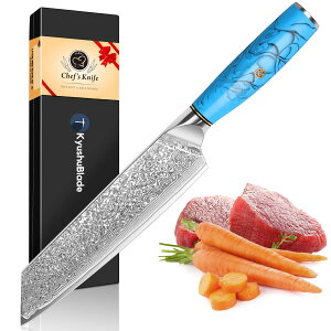 KyushuBlade 包丁 剣型 (切付型) 牛刀包丁 ダマスカス包丁 刃渡り188mm. プロ用三徳包丁, キッチン用万能包丁. 手打ち鍛造ダマスカス模様 シェフナイフ 両刃包丁 左利き用. 錆びにくい67層の高