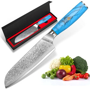KyushuBlade 包丁 三徳包丁 ダマスカス包丁 刃渡り175mm. プロ用牛刀包丁, キッチン用万能包丁. 手打ち鍛造ダマスカス模様 シェフナイフ 両刃包丁 左利き用, 錆びにくい67層の高炭素ステンレス鋼