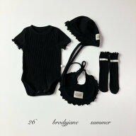 ブラック ロンパース 半袖セットアップ ボンネット スタイ ソックス 韓国 ベビー服 ベビーファッション …