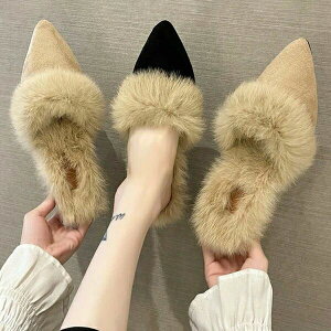 もこ ふわふわ ルームシューズ スリッポン かかとなし ポインテッドトゥ ファースリッパ レディース ローファー ファーサンダル