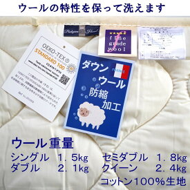 ウールの特性を保って 洗えるベッドパッド 【綿100％生地】 日本製 高品質フランスリムザンダウンウール オールシーズン 夏も快適 エコテックスクラス1認証 弾力＆ボリューム ファイングレードウール認証 【AQUA】 特殊キルティング 取付簡単ゴムバンド付