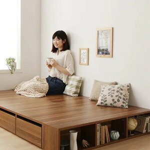 収納付きベッド セミダブルベッド ローベッド ウォルナット調ベッド 引き出し付き 棚付き 小上がり 頑丈 ダークブラウン 幅120cm 長さ197cm 組立設置サービスなし