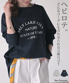 Tシャツ ロゴ ロンT レディース トップス 長袖 カットソー ロング チュニック お尻が隠れる クルーネック ティーシャツ 二の腕カバー リブ ゆったり シンプル 大きいサイズ 体型カバー 40代 50代 ミセス 大人 きれいめ 上品 白 黒 春 夏 ビーブーケ