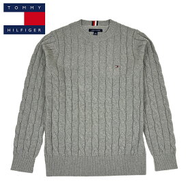 トミーヒルフィガー TOMMY HILFIGER ワンポイント クルーネック ワイド ケーブルコットン セーター グレー