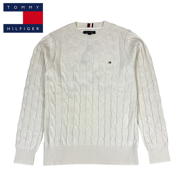 トミーヒルフィガー TOMMY HILFIGER ワンポイント クルーネック ワイド ケーブルコットン セーター ホワイト