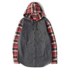 Supreme シュプリーム シャツ フード付き チェック ネル コンビ デニムシャツ Hooded Plaid Denim Shirt 13AW ブラック レッドチェック 黒赤 M トップス 長袖 【メンズ】【中古】【K3394】