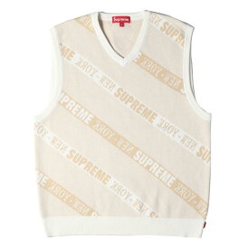 Supreme シュプリーム ベスト ストライプロゴ Vネック ニットベスト Stripe Sweater Vest 22SS ホワイト ベージュ M トップス 【メンズ】【中古】【新品同様】【K3428】