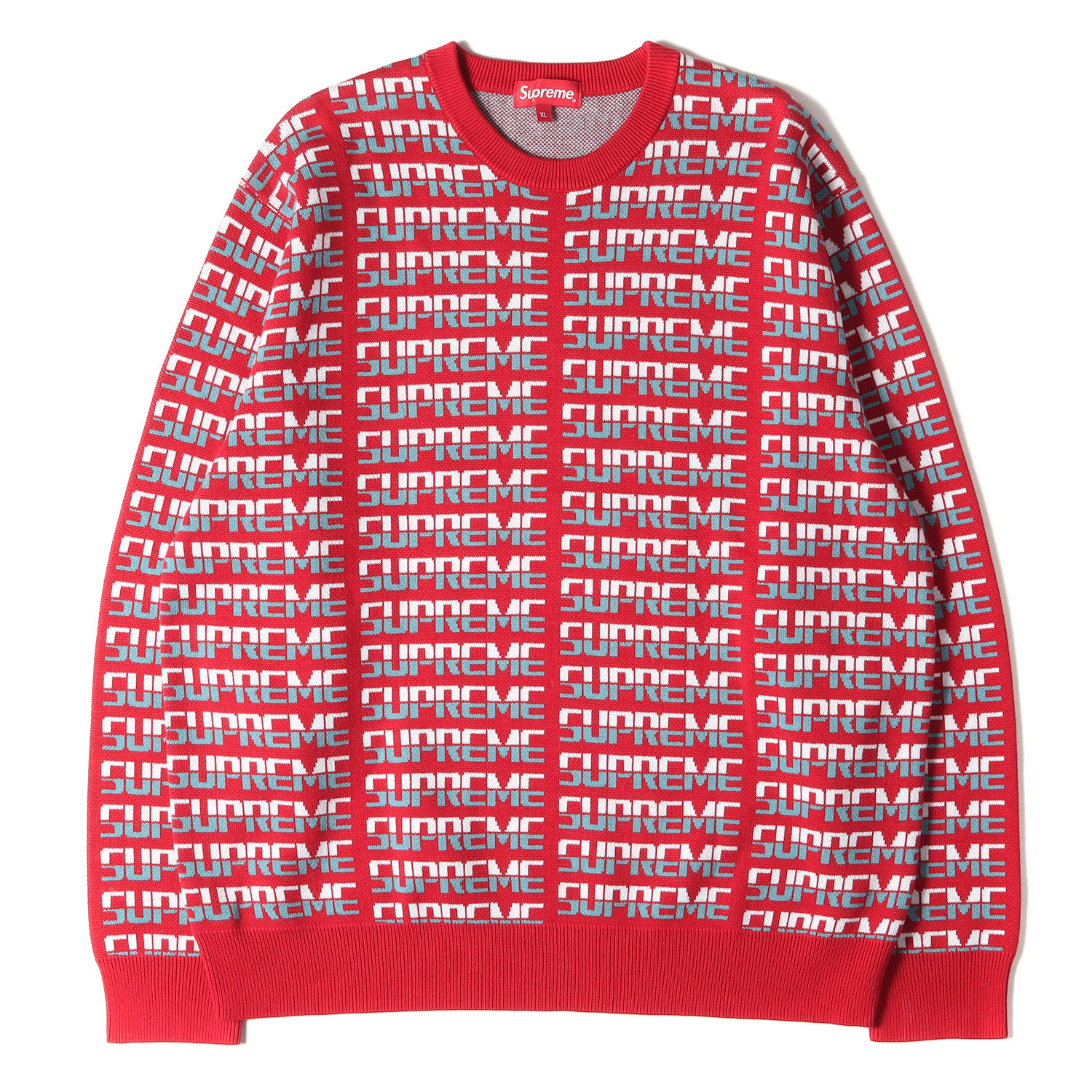 Supreme シュプリーム ニット ブランドロゴ 柄 クルーネック ニットセーター Repeat Sweater 17AW レッド 赤 XL  トップス 長袖 ミディアムウェイト 【メンズ】【中古】【美品】【K3848】 | ブランド古着のBEEGLE by Boo-Bee