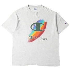 Champion vintage チャンピオン ヴィンテージ Tシャツ サイズ:XL 90s レインボー アート ビッグロゴ クルーネック 半袖 Tシャツ 90年代 USA製 アッシュグレー トップス カットソー アメカジ 古着 【メンズ】【中古】【K3824】