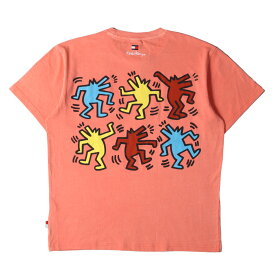 TOMMY HILFIGER トミーヒルフィガー Tシャツ サイズ:XL 23SS Keith Haring キースへリング ウォッシュ加工 グラフィック プリント クルーネック 半袖 Tシャツ サーモンピンク トップス カットソー【メンズ】【中古】【美品】【K4068】