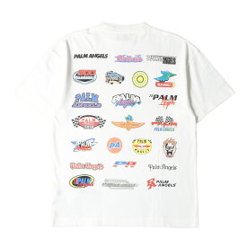 Palm Angels パーム エンジェルス Tシャツ サイズ:S マルチ レーシングロゴ オーバーサイズ クルーネック 半袖 Tシャツ Racing Logo Tee 18AW ホワイト 白 トップス カットソー コットン 【メンズ】【中古】【K4036】