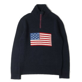 POLO Ralph Lauren ポロ ラルフローレン ニット サイズ:S 星条旗 ハーフジップ タートルネック コットン ニット セーター USA製 ネイビー 紺 トップス カジュアル 長袖 【メンズ】【中古】【K4063】