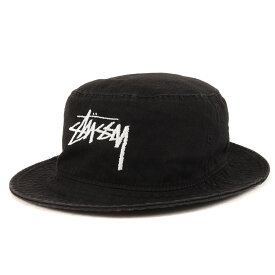 STUSSY ステューシー ハット サイズ:L/XL ウォッシュ加工 ストックロゴ バケットハット ブラック 黒 帽子 ストリート カジュアル ブランド【メンズ】【中古】【K4063】