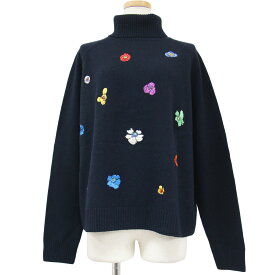 PS Paul Smith ピーエスポールスミス ニット セーター ネイビー系 紺 サイズ:M プルオーバー タートルネック 長袖 花 フラワー 刺繍 エンブロイダリー ウール トップス【レディース】【中古】【K4017】