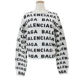 BALENCIAGA バレンシアガ ニット セーター ホワイト ブラック 白 黒 サイズ:XS 長袖 クルーネック ジャガード ロゴ 総柄 ウール 23年秋冬 イタリア製 ブランド トップス【レディース】【中古】【K4028】