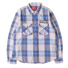 Supreme シュプリーム シャツ サイズ:M 17AW ワッペン付き チェック フランネル 長袖シャツ God Bless Plaid Flannel Shirt ロイヤル グレー トップス カジュアルシャツ【メンズ】【中古】【K4065】