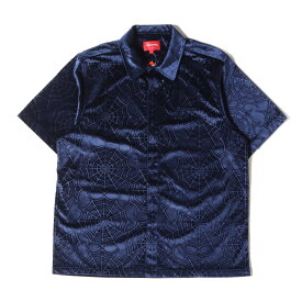 Supreme シュプリーム シャツ サイズ:L 21AW スパイダーウェブ柄 ベロア 半袖シャツ Spider Web Velvet S/S Shirt ネイビー 紺 トップス カジュアルシャツ【メンズ】【K4166】