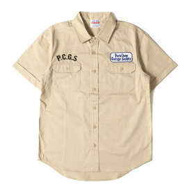 PORKCHOP GARAGE SUPPLY ポークチョップガレージサプライ シャツ サイズ:S 23SS ワッペン付き ワーク 半袖シャツ ROUNDED WAPPEN WORK SHIRT ベージュ トップス カジュアルシャツ【メンズ】【中古】【新品同様】【K4109】