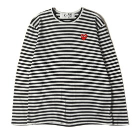 COMME des GARCONS コムデギャルソン Tシャツ サイズ:L ハート ワッペン ボーダー ロングスリーブTシャツ ワンポイント PLAY プレイ ホワイト ブラック 日本製 トップス カットソー 長袖【メンズ】【中古】【K4103】