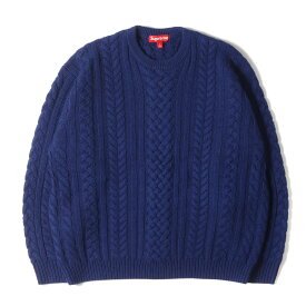 Supreme シュプリーム ニット サイズ:L 23AW ビッグロゴ ケーブル編み ウールニット セーター (Appliqu Cable Knit Sweater) ネイビー 紺 トップス【メンズ】【中古】【K4748】