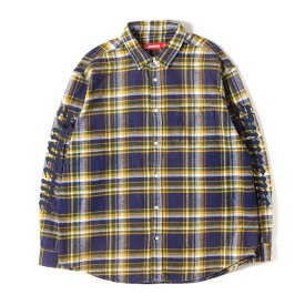 Supreme シュプリーム シャツ ネイビー イエロー サイズ:L | 25SS フェード加工 袖ロゴ刺繍 チェック フランネルシャツ(Old English Plaid Flannel Shirt) | トップス カジュアルシャツ 長袖【メンズ】【中古】【美品】【K4837】