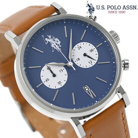 ユーエスポロアッスン ロゴ クオーツ 腕時計 ブランド メンズ クロノグラフ 革ベルト U.S. POLO ASSN. US-15SBBR アナログ ブルー キャメル ギフト 父の日 プレゼント 実用的