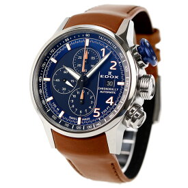 エドックス クロノラリー 自動巻き 腕時計 ブランド メンズ チタン クロノグラフ 革ベルト EDOX 01129-TBUCBR-BUBR アナログ ブルー ライトブラウン スイス製 ギフト 父の日 プレゼント 実用的
